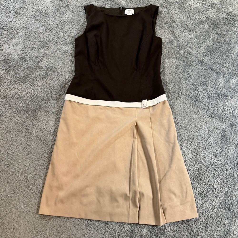 LOFT Ann Taylor Colorblock Sheath Dress 6 Brown Tan White Belted Pleated Work